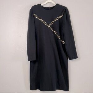Vintage 1980s Leslie Fay Black Long Sleeve Dress Gold Geometric Detail Size 12